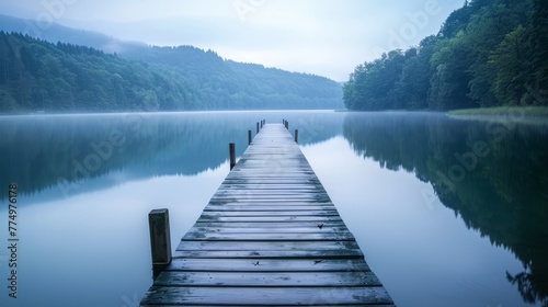 A peaceful lake with dock stretching out into the AI generated illustration