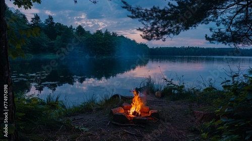 A peaceful lakeside campsite with glowing fire AI generated illustration