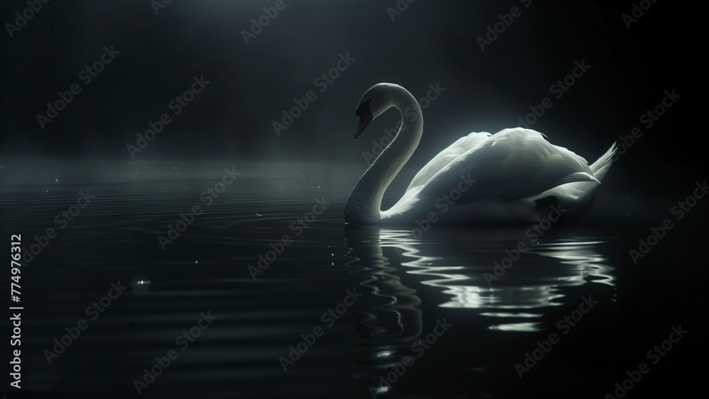 Fototapeta premium A Swan’s Side View Floating in Spotlight