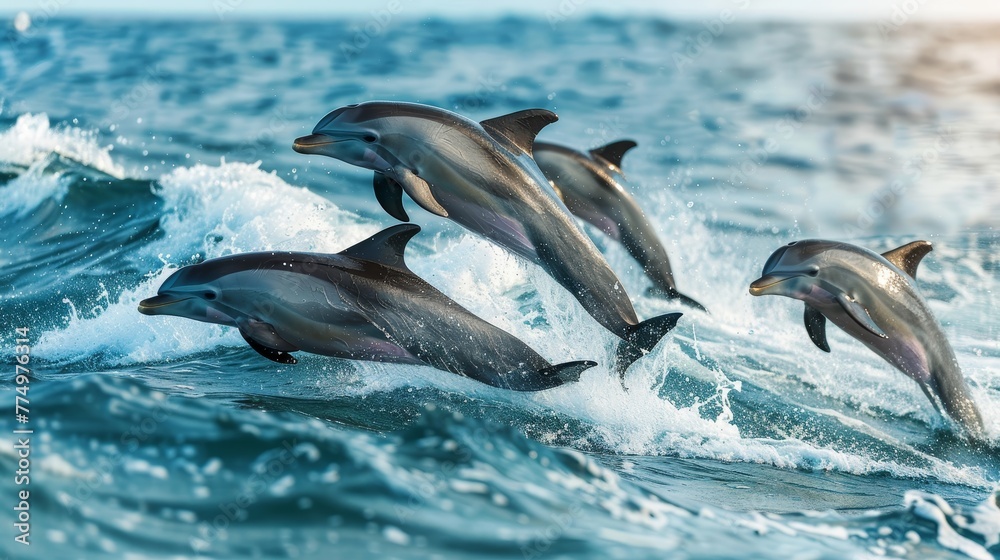 A pod of dolphins leaping joyfully through the waves  AI generated illustration