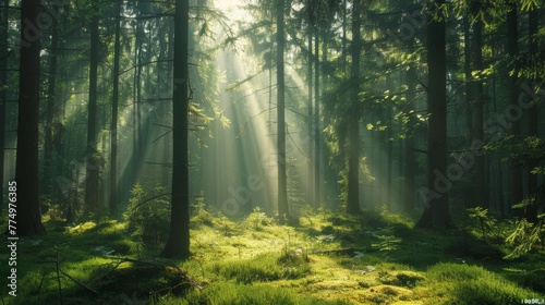 A quiet forest with sunbeams filtering through the t AI generated illustration