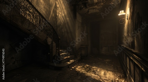 A sense of mystery and solitude in the dimly lit sce  AI generated illustration photo