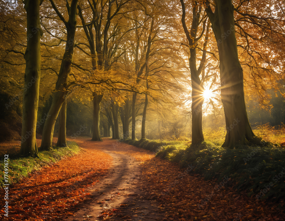 Fototapeta premium Mystical Autumn Forest with Sun Rays