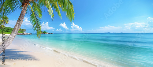 Palm tree leaning over a serene, turquoise beach with clear skies and distant islands, epitomizing a perfect tropical paradise. 