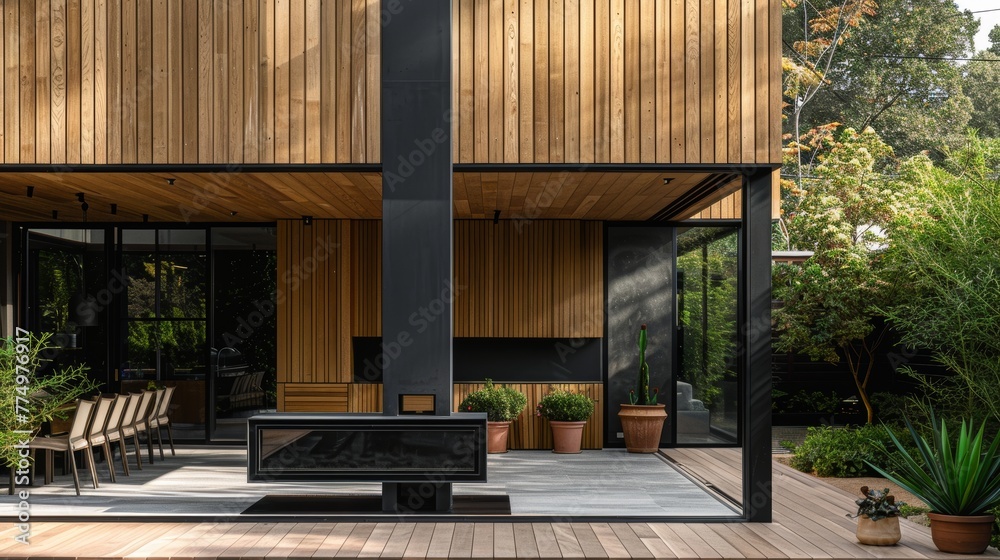 A sleek black chimney contrasting with the warm wood AI generated illustration A sleek black chimney contrasting with the warm wood AI generated illustration