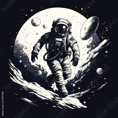 Astronaut in spacesuit fling in the space with space rocket 