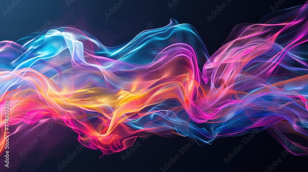 Colorful abstract liquid motion curved wave flow explosion on black background, abstract colorful smoke on a black background, Abstract multicolored smoke on a black background - obrazy, fototapety, plakaty 