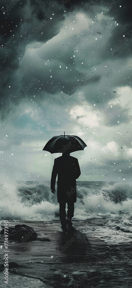 Obraz premium A person is walking on a beach with an umbrella in the rain