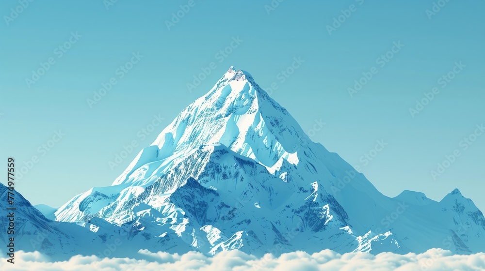 Snow-capped peak of Mount Everest against a clear blue sky isolated on a gradient background