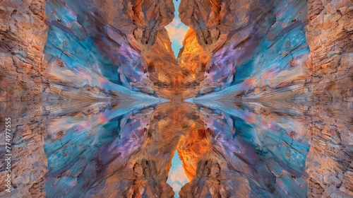 Radiating psychedelic patterns in a natural rock formation displaying a kaleidoscope of blues purples and oranges