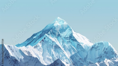 Snow-capped peak of Mount Everest against a clear blue sky isolated on a gradient background © Artem