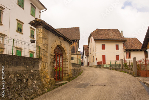 Historic residential buildings in the mountain village of Ovasta in Carnia, Udine Province, Friuli-Venezia Giulia, north east Italy © dragoncello