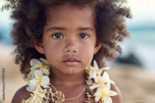 a child with a necklace and flowers around her neck photo