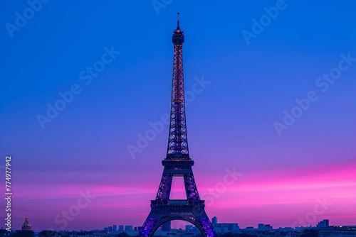 The Eiffel Tower at sunset bathed in soft pink hues towering majestically against a gradient blue and purple sky