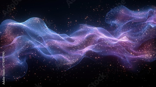 Abstract flowing fluid light particles purple and blue on black background in concept technology  science