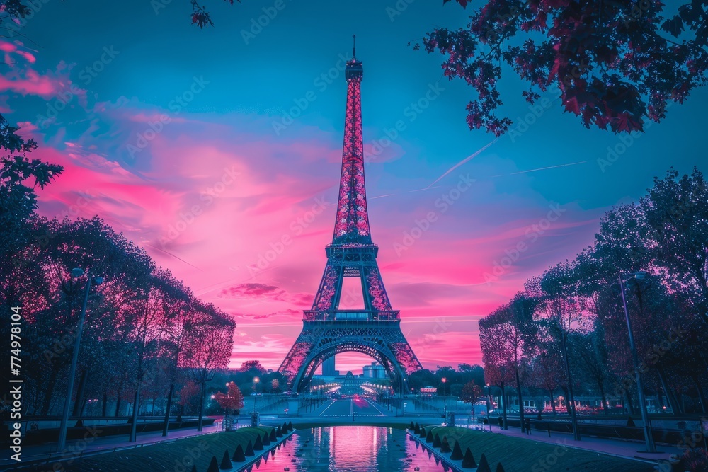 The Eiffel Tower at sunset bathed in soft pink hues towering majestically against a gradient blue and purple sky