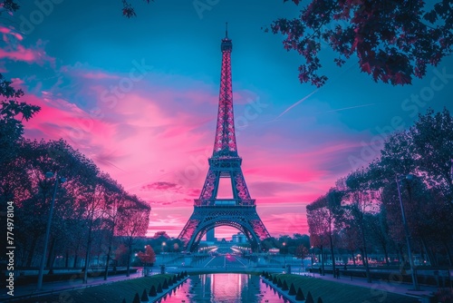The Eiffel Tower at sunset bathed in soft pink hues towering majestically against a gradient blue and purple sky © Artem