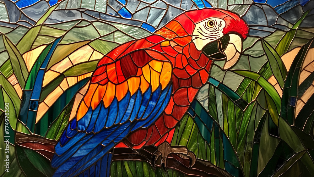 Obraz premium Metallic Melodies: A Detailed Stained Glass Parrot on Grass