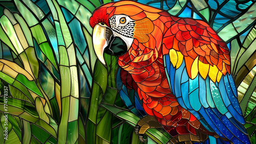 Metallic Melodies: A Detailed Stained Glass Parrot on Grass