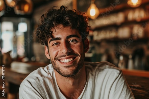 Portrait of handsome young man with curly hair smiling in pub.