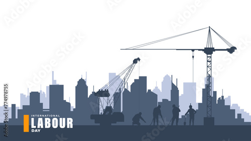 International labour day celebration with silhouette building and worker illustration background