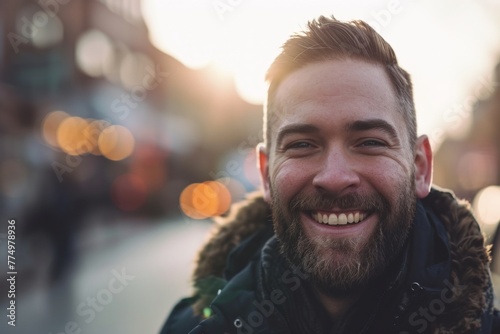 Portrait of a handsome bearded man in the city at sunset.