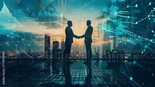 Powerful encounter: Two men shake hands against the backdrop of a dynamic cityscape, forging a meaningful connection photo