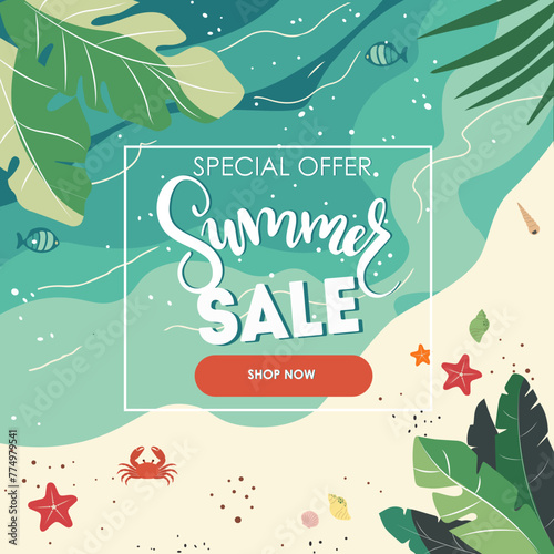 Summer sale banner with beach and sea, different beach elements. Vector illustration in flat style