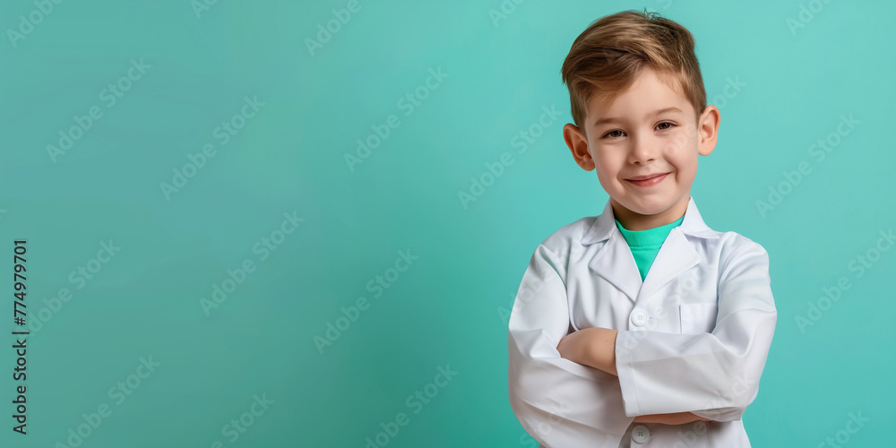 Portrait Cute preschool boy in white medical uniform, child playing hospital game, posing as a doctor, pediatrician. on teal color background professional photography. Portrait Cute preschool boy in white medical uniform, child playing hospital game, posing as a doctor, pediatrician. on teal color background professional photography.