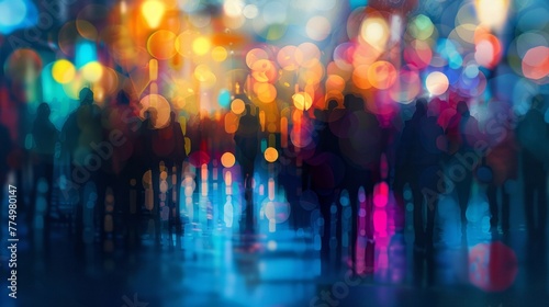 Gathering of urban dwellers: abstract blur of cityscape with crowded streets and silhouettes photo