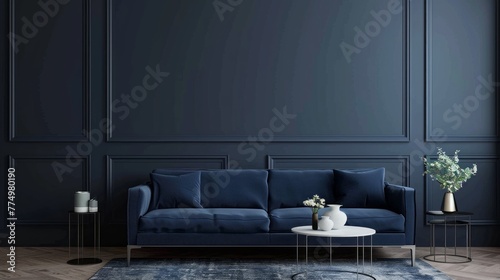 Moody elegance: navy blue and gray designed living room or business lounge with blank wall mockup for custom backgrounds photo