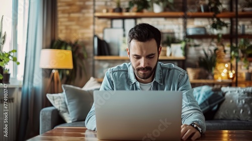 Harmony of work and nature  Man seated at a desk with a laptop  accompanied by a vibrant potted plant