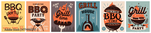 BBQ time, grill party retro poster set