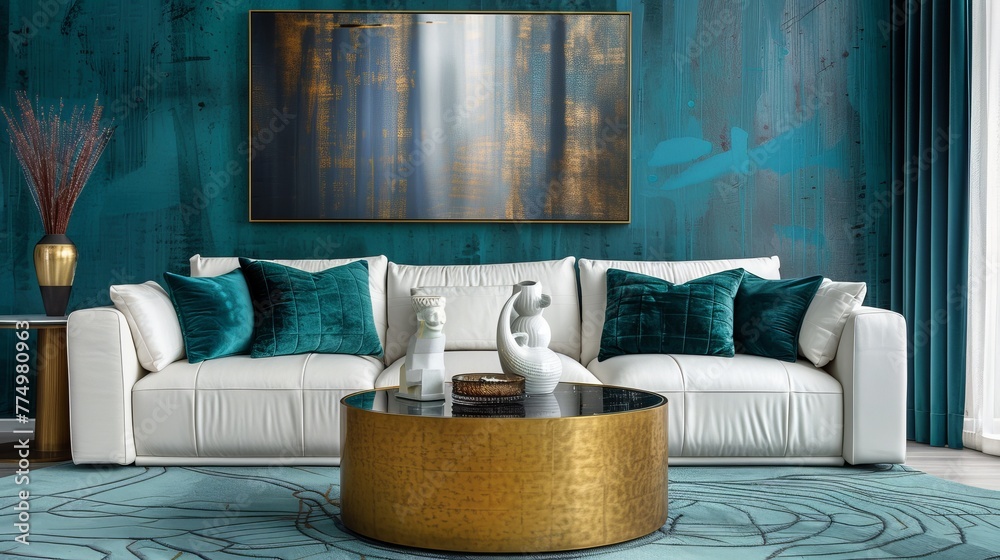 Captivating art deco interior: modern living room with golden round coffee table, white sofa, teal pillows, and elegant wall poster Captivating art deco interior: modern living room with golden round coffee table, white sofa, teal pillows, and elegant wall poster