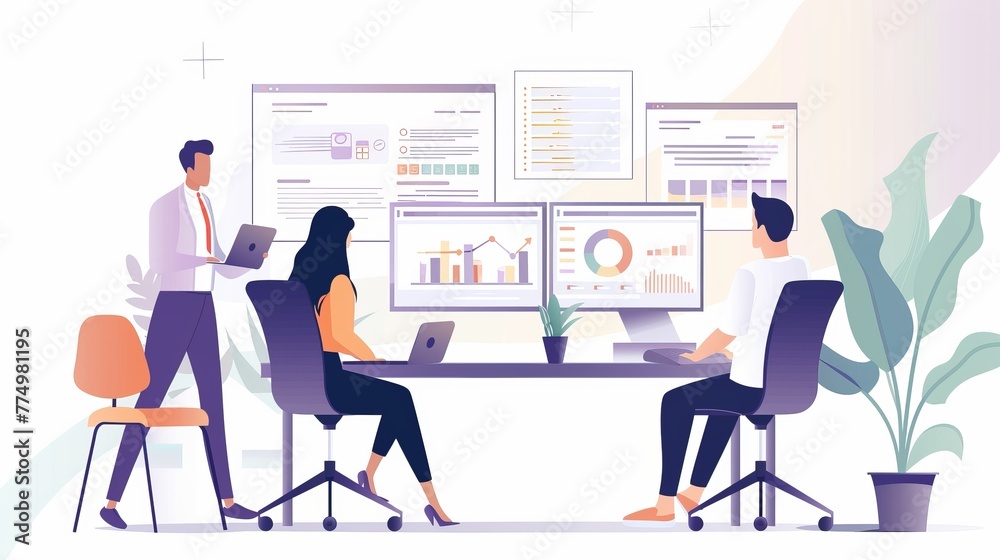 Busy office scene: employees engaged in business documentation in the background Busy office scene: employees engaged in business documentation in the background