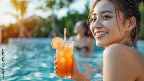 happy woman with beverage near the pool, generative ai