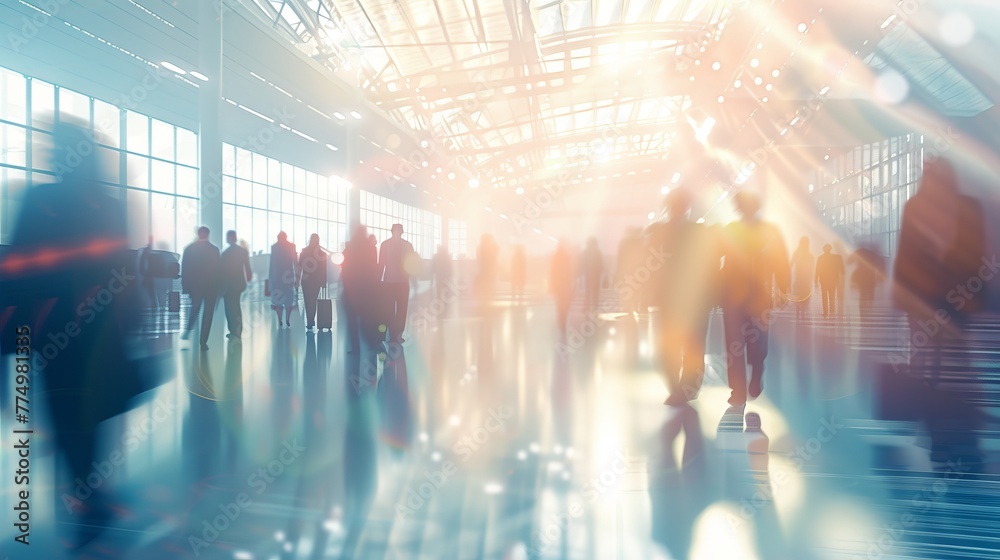 Fototapeta premium Dynamic atmosphere: blurred figures in exposition hall, perfect for international exhibitions, conferences, and events