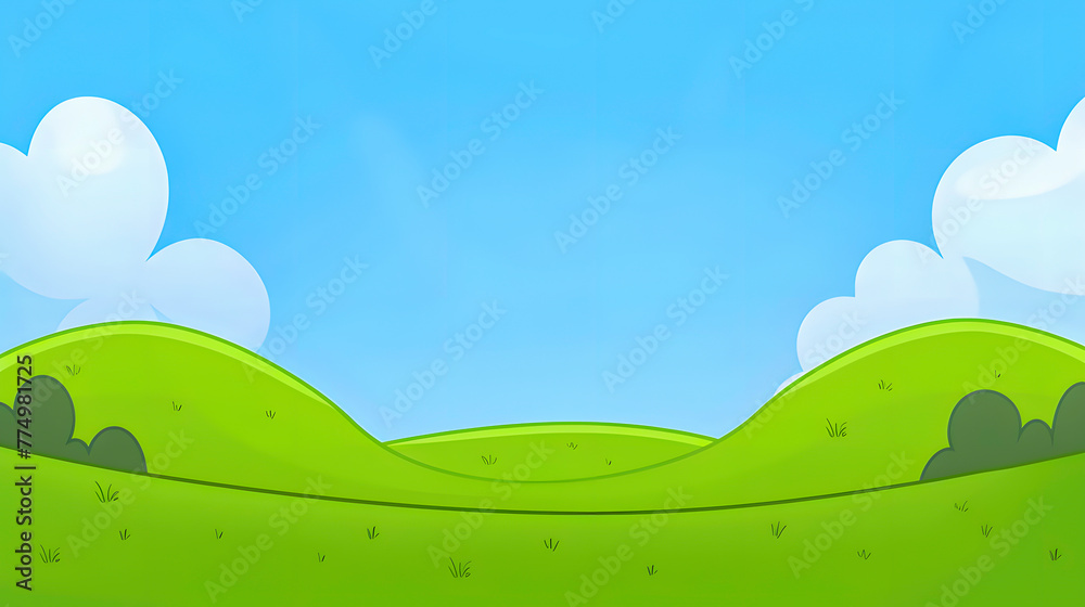 Simple cartoon landscape of vibrant green hills under a clear blue sky with fluffy white clouds.
