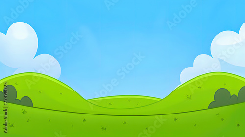 Simple cartoon landscape of vibrant green hills under a clear blue sky with fluffy white clouds. 