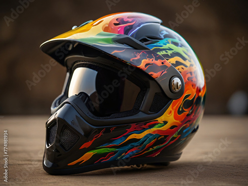 motorcycle helmet on a blurred background. motorcross helmet. generative AI.