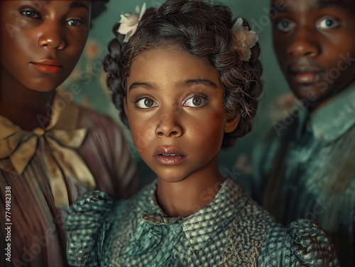 A young girl with a flower in her hair stands between two other girls. The image is a portrait of three young girls, with the girl in the middle being the main focus photo