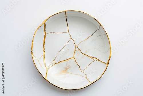 a white and gold plate with gold crack