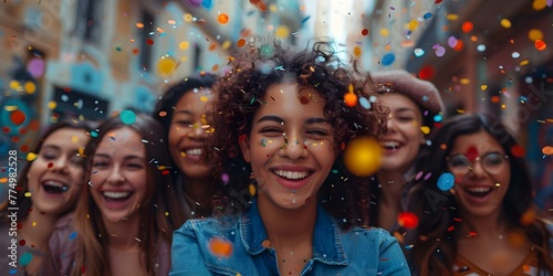 A group of young employees celebrating a milestone achievement together with confetti at a party. Concept Corporate Event, Employee Celebration, Milestone Achievement, Team Success, Confetti Party