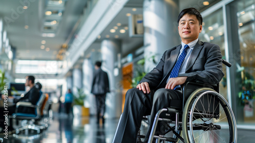 Confident Asian Man Sitting in a Wheelchair in a Corporate Business Environment, Inclusion