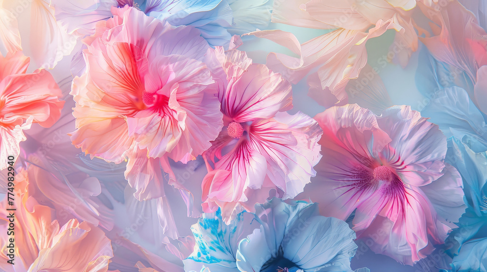 A colorful bouquet of flowers with pink, blue, and white petals A colorful bouquet of flowers with pink, blue, and white petals
