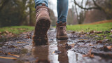 Close-up of boots stepping into a muddy puddle on a path, with splashes and wet soil suggesting recent rain.