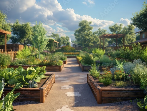 A garden with a path between two raised beds. The beds are filled with various plants and flowers. The garden is surrounded by trees and has a peaceful, serene atmosphere