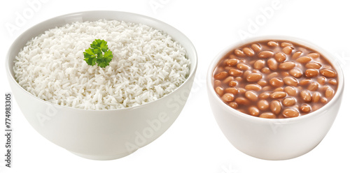 tigela com arroz branco cozido e tigela com feijão cozido isolado em fundo transparente photo