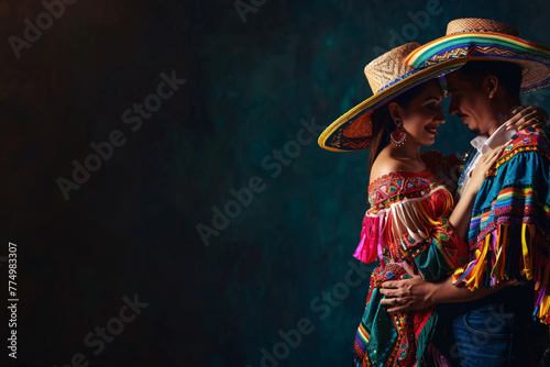 young couple in mexican traditional costumes, cinco de mayo background with copy space