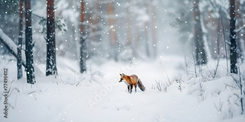Raposa vermelha vibrante em uma paisagem de floresta nevada photo